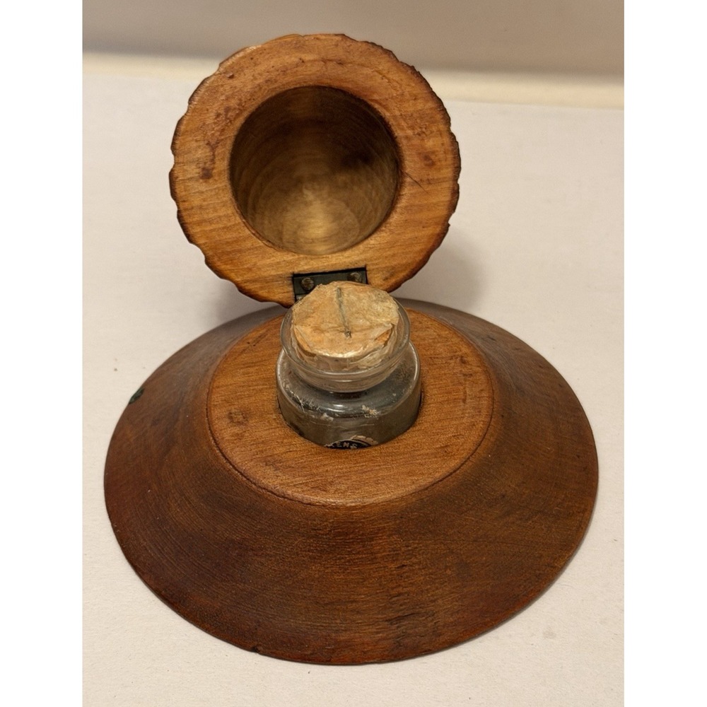 Antique Inkwell Wood Glass Insert Rare Poland Hand carved Folk Ink Well Vintage